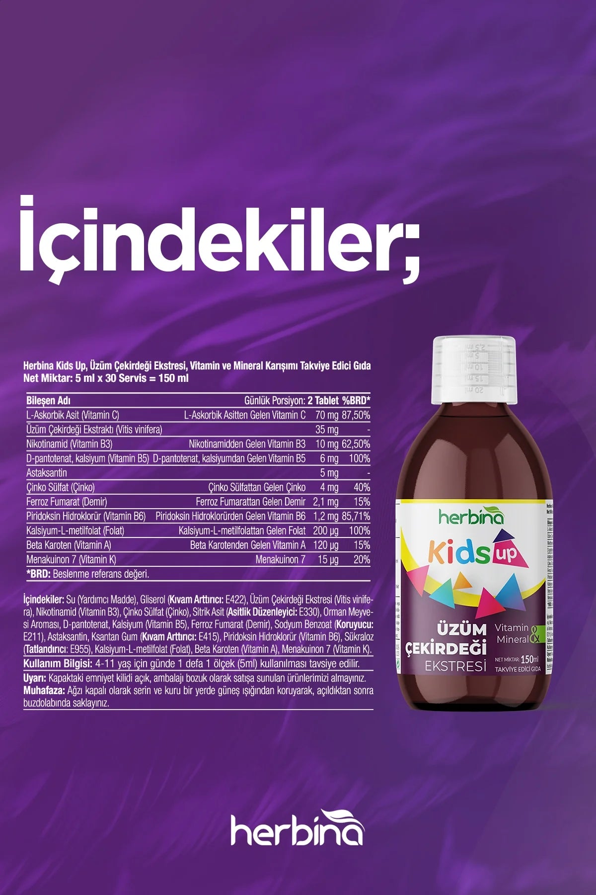 Herbi̇na kids up sıvı takviye edici gıda 150 ml