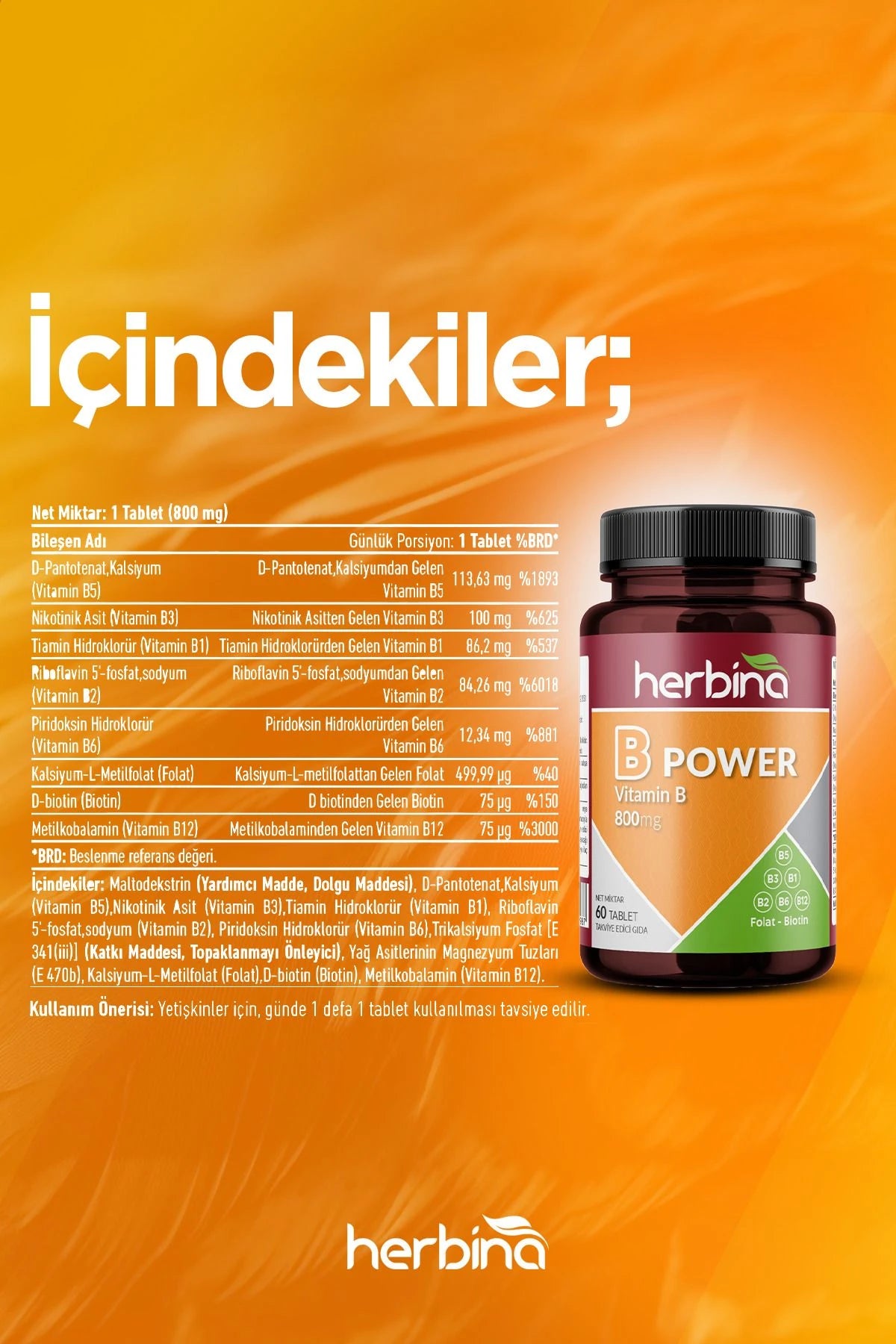 Herbi̇na b-power vitamin b karışımı i̇çeren takviye edici gıda 60 tablet