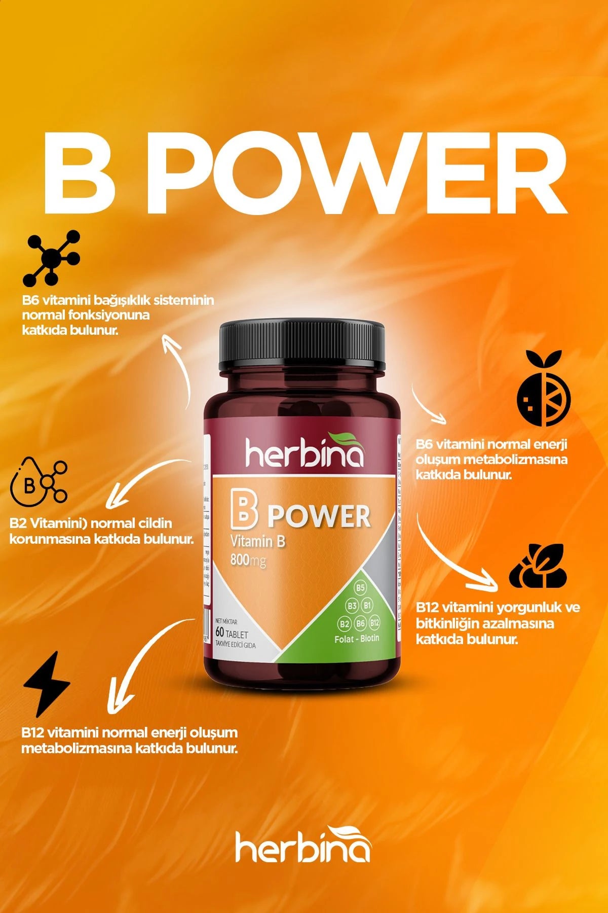 Herbi̇na b-power vitamin b karışımı i̇çeren takviye edici gıda 60 tablet