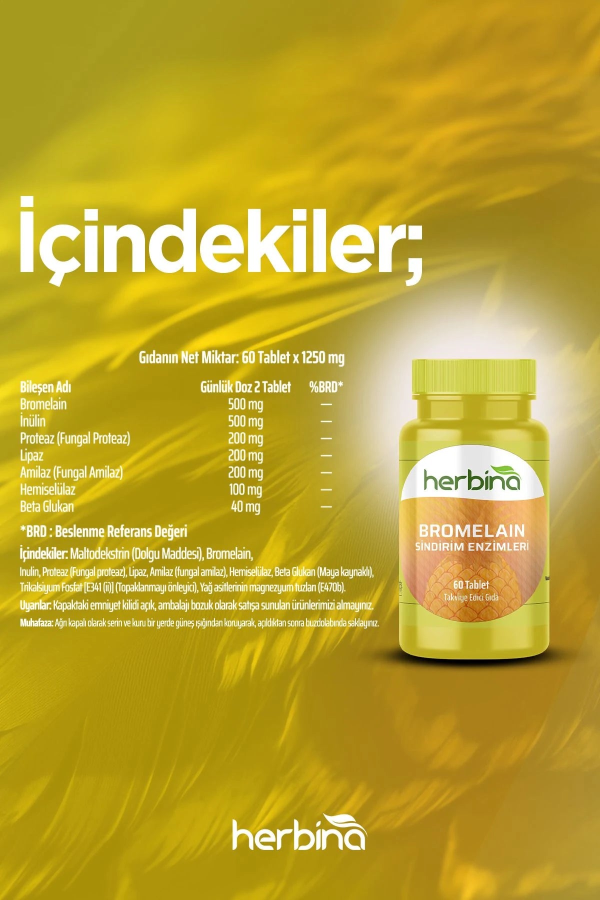 Herbi̇na bromelain sindirim enzimleri 1250 mg 60 tablet