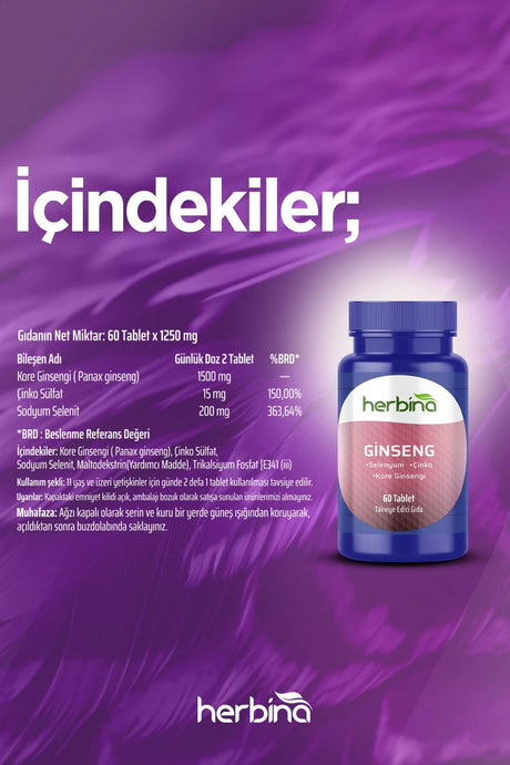 Herbi̇na kore ginseng selenyum çinko 60 tablet