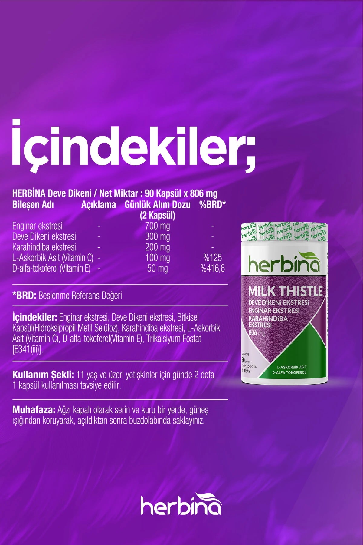 Herbina milk thistle - deve dikeni enginar karahindiba ekstresi 90 kapsül