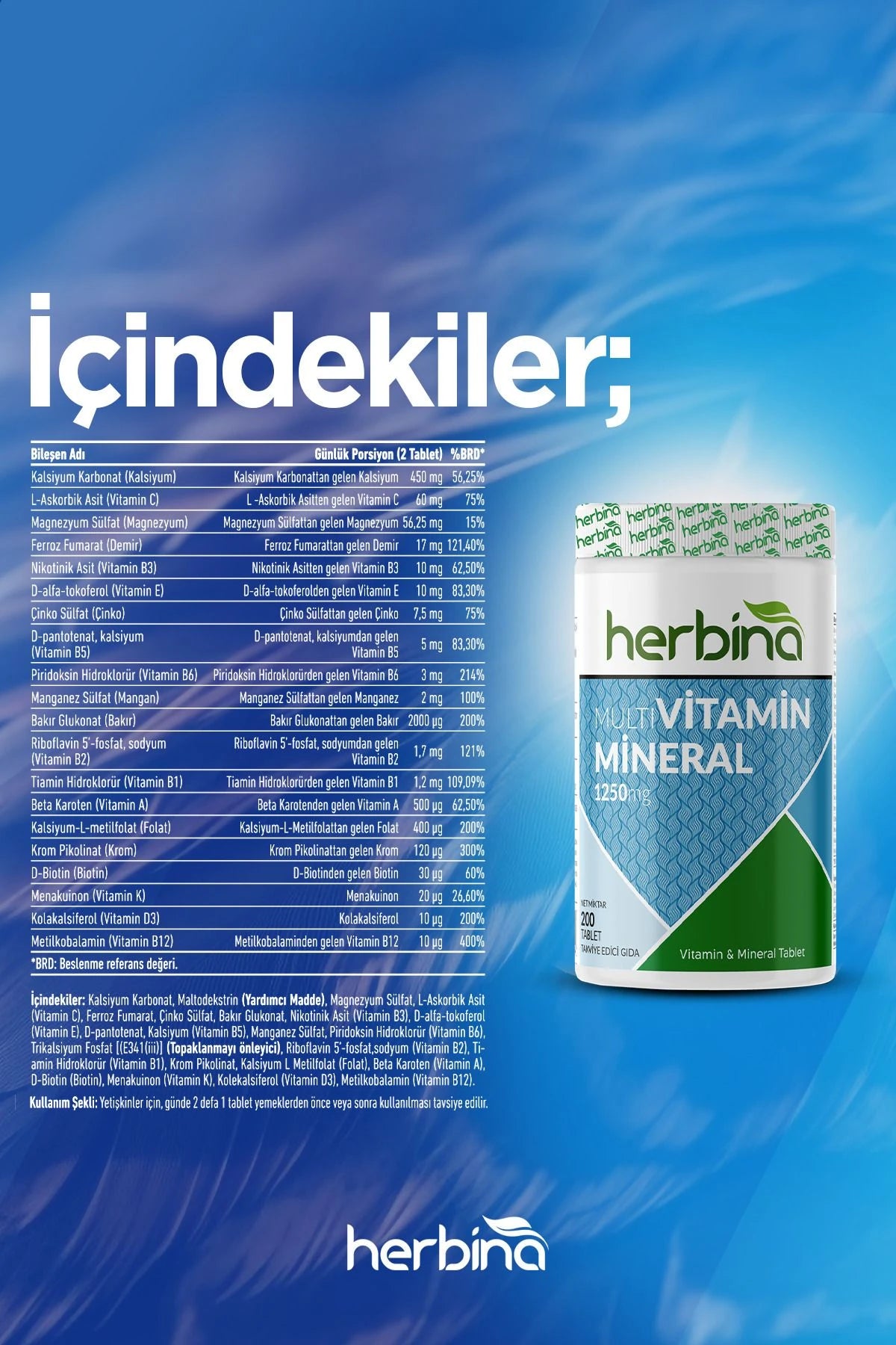 Herbi̇na multivitamin mineral 200 tablet 1250 mg
