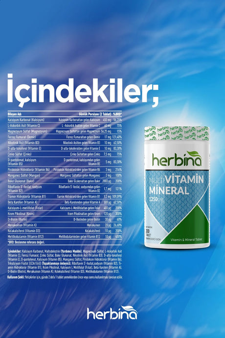 Herbi̇na multivitamin mineral 200 tablet 1250 mg