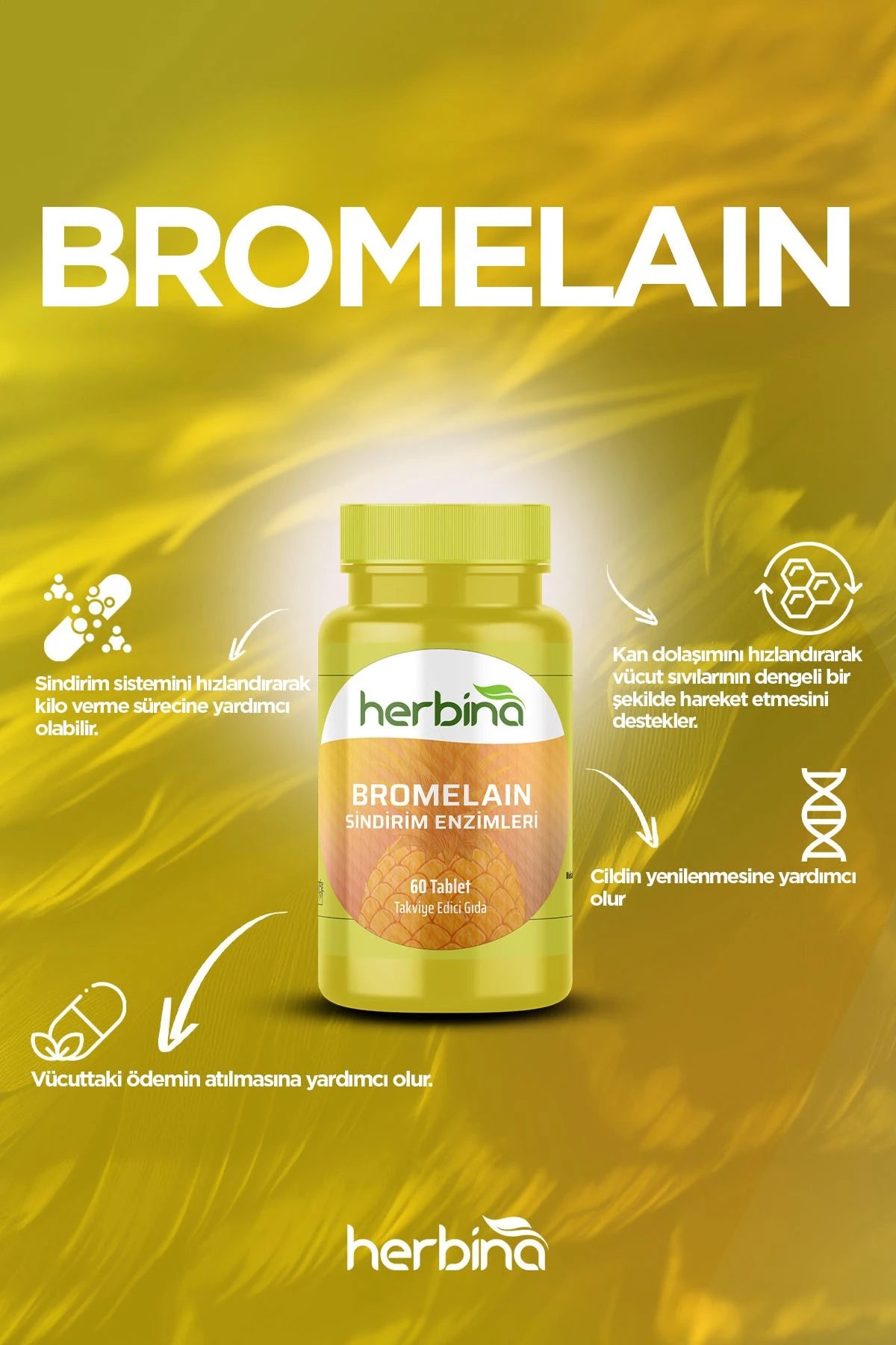 Herbi̇na bromelain sindirim enzimleri 1250 mg 60 tablet