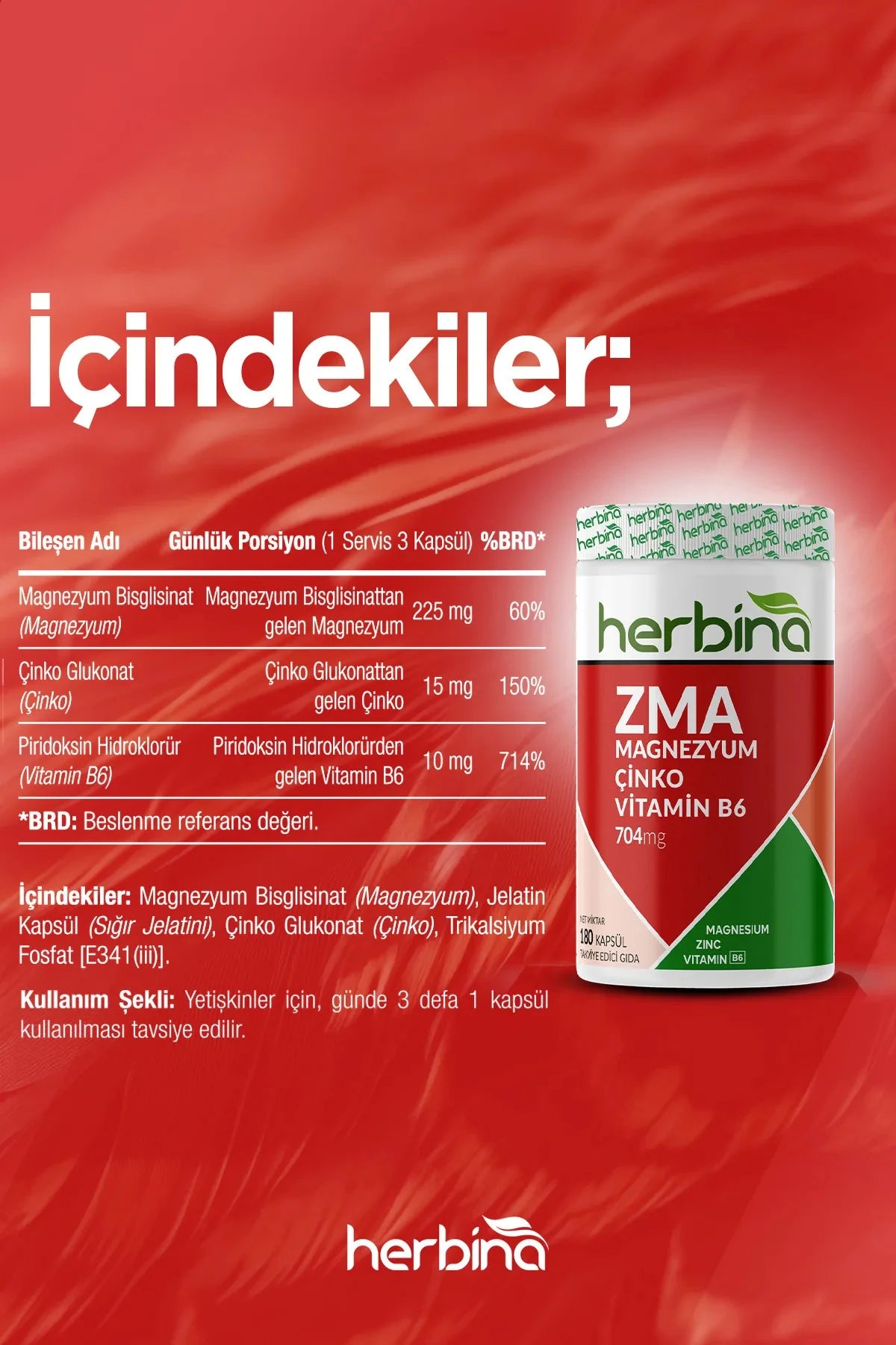 Herbi̇na zma magnezyum çinko vitamin b6 180 kapsül