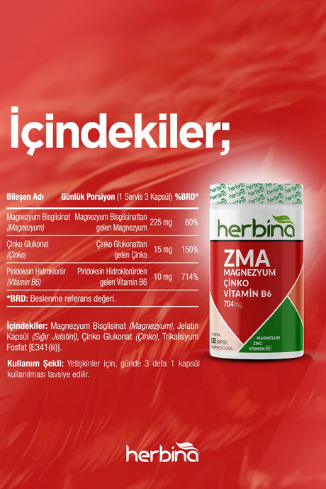 Herbi̇na zma magnezyum çinko vitamin b6 180 kapsül